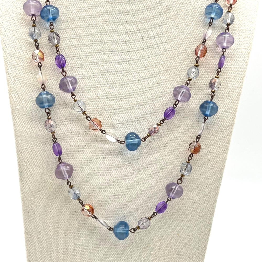 Joan Rivers Purple Blue Czech Glass Bead Long Station Necklace Bronze Tone 48 in
